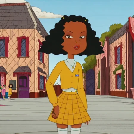 narrow waist, wide hips, flat chest, looking at viewer, high quality, highres, masterpiece, absurdres,
cartoon, screencap, source_cartoon
Ashley Boulet, (1girl:1.6) dark-skinned female, black hair, afro, lips, yellow sweater, white shirt, necklace, yellow skirt, plaid skirt, white thighhighs, black shoes