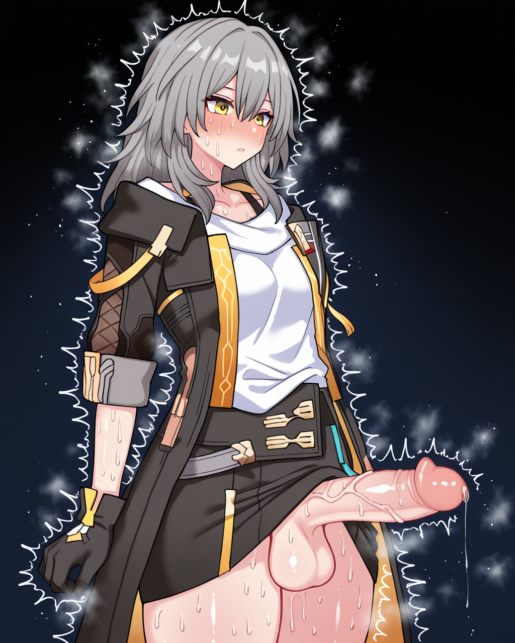 1girl, solo, trailblazer \(honkai: star rail\), grey hair, long hair, hair between eyes, yellow eyes, black jacket, open jacket, white shirt, gloves, black skirt, hotaru \(zpgk7732\), futanari, penis, sparks, sweat, steam, smell, steaming body, simple background, black background, masterpiece, best quality, very aesthetic, absurdres