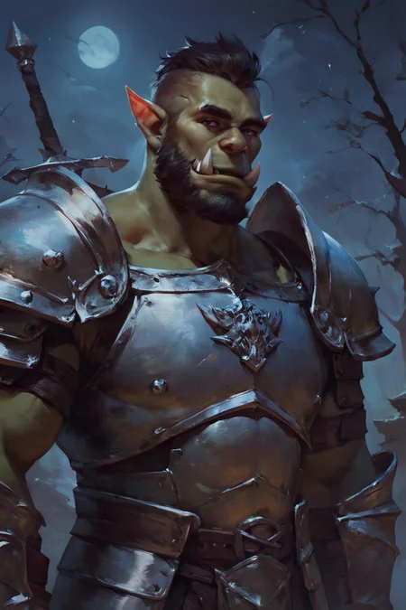 score_9, score_8_up, score_7_up, concept art, realistic, solo, male focus, mature male, orc, green skin, tusks, beard, outdoors, armor, looking at viewer, shoulder armor, breastplate, upper body, closed mouth, pauldrons, night, night sky, standing <lora:Concept Art Twilight Style SDXL_LoRA_Pony Diffusion V6 XL:1>