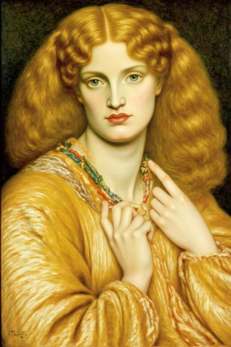 dgr painting.
A woman with striking, curly golden-blonde hair cascading down her shoulders. Her hair appears voluminous and natural, with a slight wave that frames her face. Her expression is calm and contemplative, with a subtle, enigmatic smile. Her skin is pale, and her eyes are a striking blue, gazing directly at the viewer.
 <lora:dgr1_cap_d6a3e8:1.0><lora:819487959452503334:0>