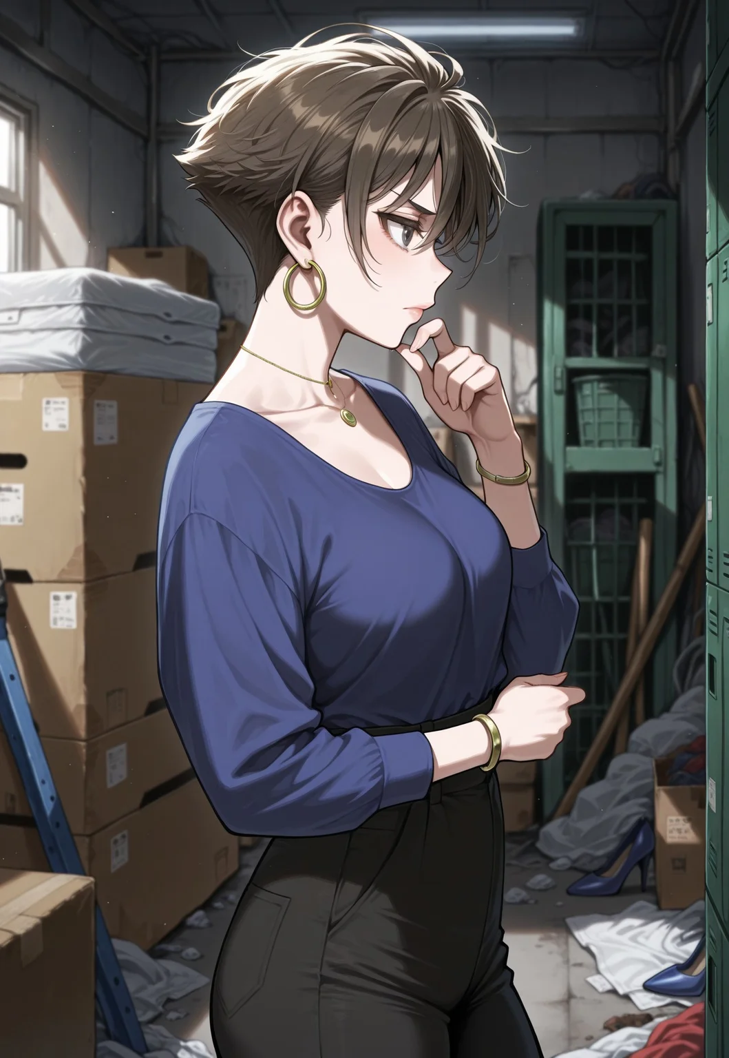 masterpiece, best quality, amazing quality, absurdres,
mayu_Ch0uzawa, 1girl, solo, brown hair, short hair, grey eyes, lips, collarbone, medium breasts, jewelry, necklace, earrings, hoop earrings, blue shirt, shirt tucked in, long sleeves, bracelet, black pants, high-waist pants, pantyhose, blue footwear, high heels,
frown, standing, finger to own chin, cowboy shot, storage room, dark, messy room, blurry background, from side, profile,