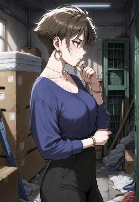 masterpiece, best quality, amazing quality, absurdres, 

mayu_Ch0uzawa, 1girl, solo, brown hair, short hair, grey eyes, lips, collarbone, medium breasts, jewelry, necklace, earrings, hoop earrings, blue shirt, shirt tucked in, long sleeves, bracelet, black pants, high-waist pants, pantyhose, blue footwear, high heels,

frown, standing, finger to own chin, cowboy shot, storage room, dark, messy room, blurry background, from side, profile, 