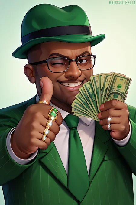 score_9, score_8_up, score_7_up, BREAK,  <lora:gangstersb-guy-PONYv1:1>, gangstersb, thumbs up, one eye closed, grin, smile, money, holding money, portrait, cropped torso,  ring, formal, hat, necktie, suit, green headwear, striped,  <lora:BigSmoke_XLPD:.9> BigSmoke, black eyes, dark-skinned male, facial hair, glasses, 1boy, solo, looking at viewer,
