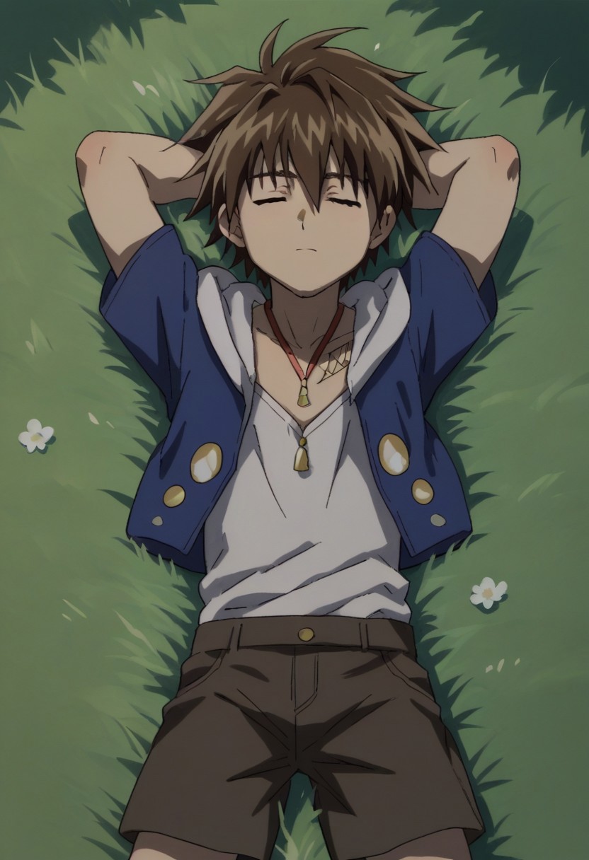 score_9, score_8_up, score_7_up, source_anime, highly detailed, 
TraiHeay, 1boy, male focus, solo, brown hair, hood, hoodie, jewelry, closed eyes, necklace,
shorts, open hoodie, white shirt, ankle boots,
outdoor, lying on grass, hands behind head, sleeping
