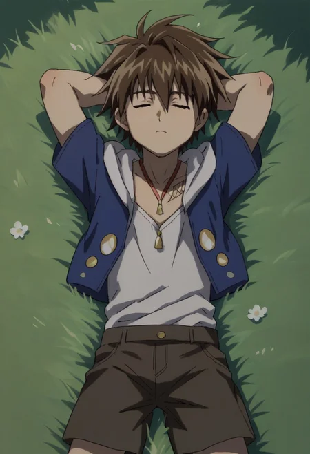 score_9, score_8_up, score_7_up, source_anime, highly detailed, 
TraiHeay, 1boy, male focus, solo, brown hair, hood, hoodie, jewelry, closed eyes, necklace,
shorts, open hoodie, white shirt, ankle boots,
outdoor, lying on grass, hands behind head, sleeping