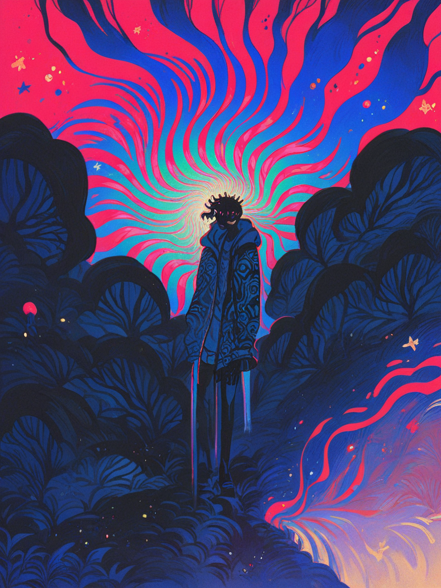 score_9, score_8_up, score_7_up, score_6_up, score_5_up, score_4_up,   <lora:f3nn3rXLP:1> f3nn3r, 1boy, colourful, pink, blue, black, red, trippy