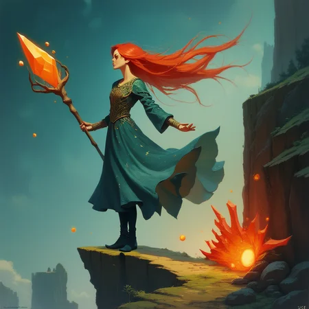 score_9, score_8_up, score_7_up, score_6_up, comic, A young sorceress with fiery red hair and a staff adorned with glowing crystals stands at the edge of a cliff, her eyes fixed on the horizon as she summons a powerful spell., highly detailed <lora:ponys-dream:.9>