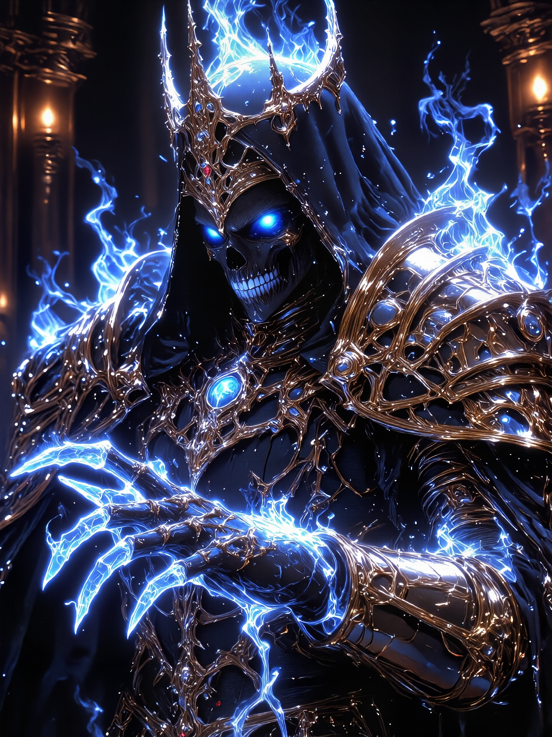 famous fantasy artwork, hyper realistic, dramatic, epic, highly aesthetic, ornate, dynamic composition, uhd, 8k, 4k, living in the night, 'neath devils torn asunder, you call on me to solve a crooked rhyme, as i'm closing in imposing on your slumber, you call on me as bells begin to chime, are you on the square? are you on the level? are you ready to swear right here, right now before the devil? ornate symmetrical cathedral interior in the background, cold dim light, eldritch, dark, horror, unnatural angles, flesh-bound grimoire, eternal darkness, lovecraftian, cthulhu mythos, digital illustration, deep black, night blue, black, wine red, polished gold, azure blue, mythp0rt, hkdeath, <lora:style-mythic_fantasy-v2-flux-by_velvets:0.68> <lora:living_death-flux-by_hailoknight:0.92> <lora:epic_gorgeous_details-balance-flux-by_flyway:0.68> <lora:image_enhancer-flux-by_dever:0.68>