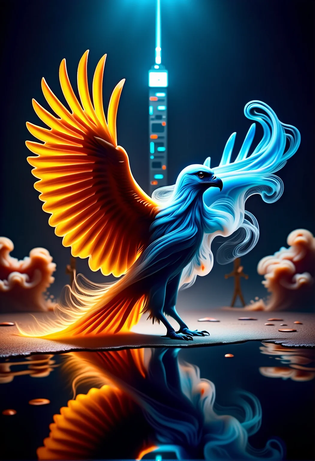 bv-smowormor. A majestic eagle, its body partially dissolving into delicate wisps of smoke, creating intricate swirling patterns as it moves, a mesmerizing fusion of power and ethereal beauty, with colored smoke reflecting the vibrant neon lights of a cityscape The scene is captured with a wide-angle shot, showcasing the grandeur of the scene, with the interplay of vibrant colors and smoky trails blending into the environment. The lighting is designed to use dramatic backlighting to create silhouettes, with smoke flowing outwards in delicate trails. The scene features reflective surfaces, like water or glass, that enhance the transformation by bouncing light off the smoke, amplifying its surreal quality. The style is inspired by surrealism, using contrasting colors and sharp highlights to enhance the dreamlike quality of the smoke transformation. , <lora:bv-smoke-world-morph-1-0.safetensors:1.0:1.0>