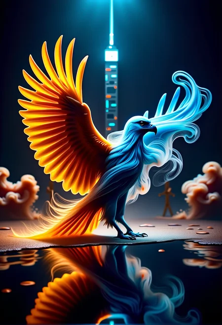 bv-smowormor. A majestic eagle, its body partially dissolving into delicate wisps of smoke, creating intricate swirling patterns as it moves, a mesmerizing fusion of power and ethereal beauty, with colored smoke reflecting the vibrant neon lights of a cityscape The scene is captured with a wide-angle shot, showcasing the grandeur of the scene, with the interplay of vibrant colors and smoky trails blending into the environment. The lighting is designed to use dramatic backlighting to create silhouettes, with smoke flowing outwards in delicate trails. The scene features reflective surfaces, like water or glass, that enhance the transformation by bouncing light off the smoke, amplifying its surreal quality. The style is inspired by surrealism, using contrasting colors and sharp highlights to enhance the dreamlike quality of the smoke transformation. , <lora:bv-smoke-world-morph-1-0.safetensors:1.0:1.0>