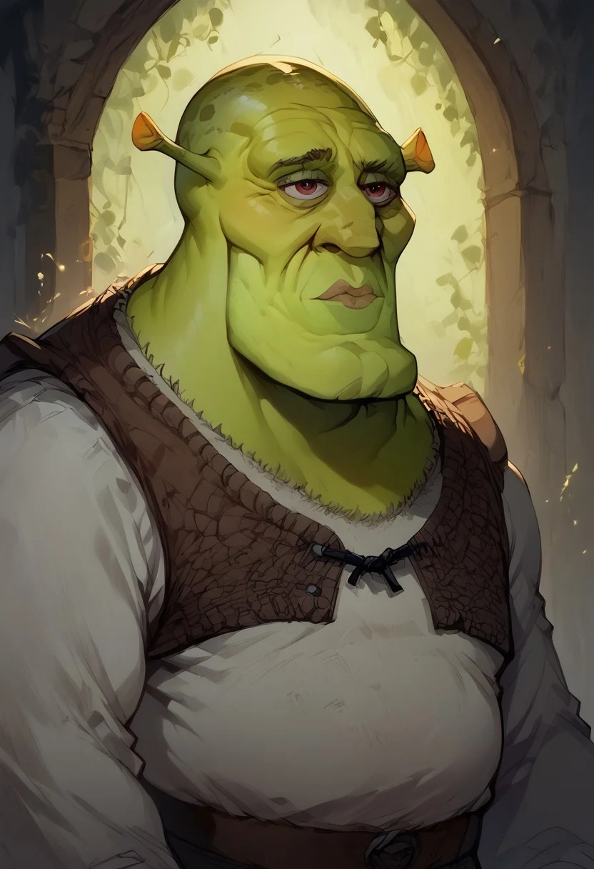 score_9, score_8_up, score_7_up, BREAK, 1men cowboy-shot, beautiful, dramatic lights (Shrek, green skin, ogre, happy, closed mouth)), handsomize