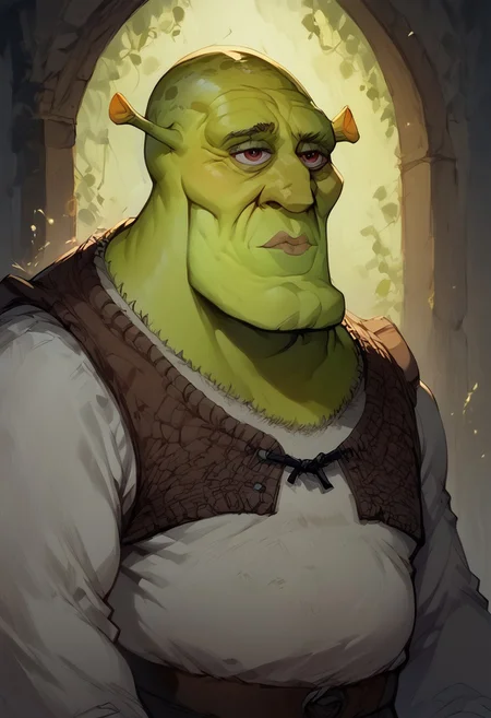 score_9, score_8_up, score_7_up, BREAK, 1men cowboy-shot, beautiful, dramatic lights (Shrek, green skin, ogre, happy, closed mouth)), handsomize