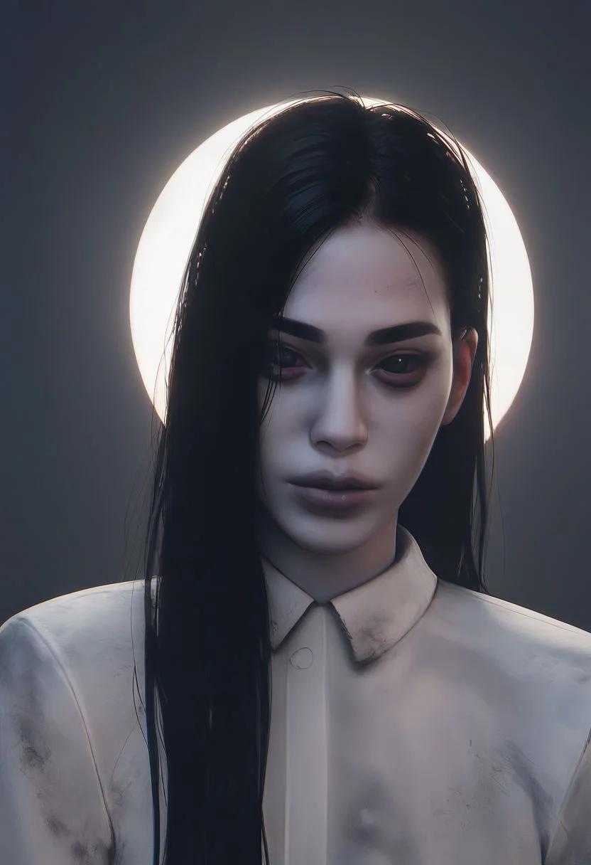 score_9, score_8_up, score_8, solo, portrait, (theonryoxl), long black hair,pale skin, dirty white dress,long sleeves, dark room,dim lighting