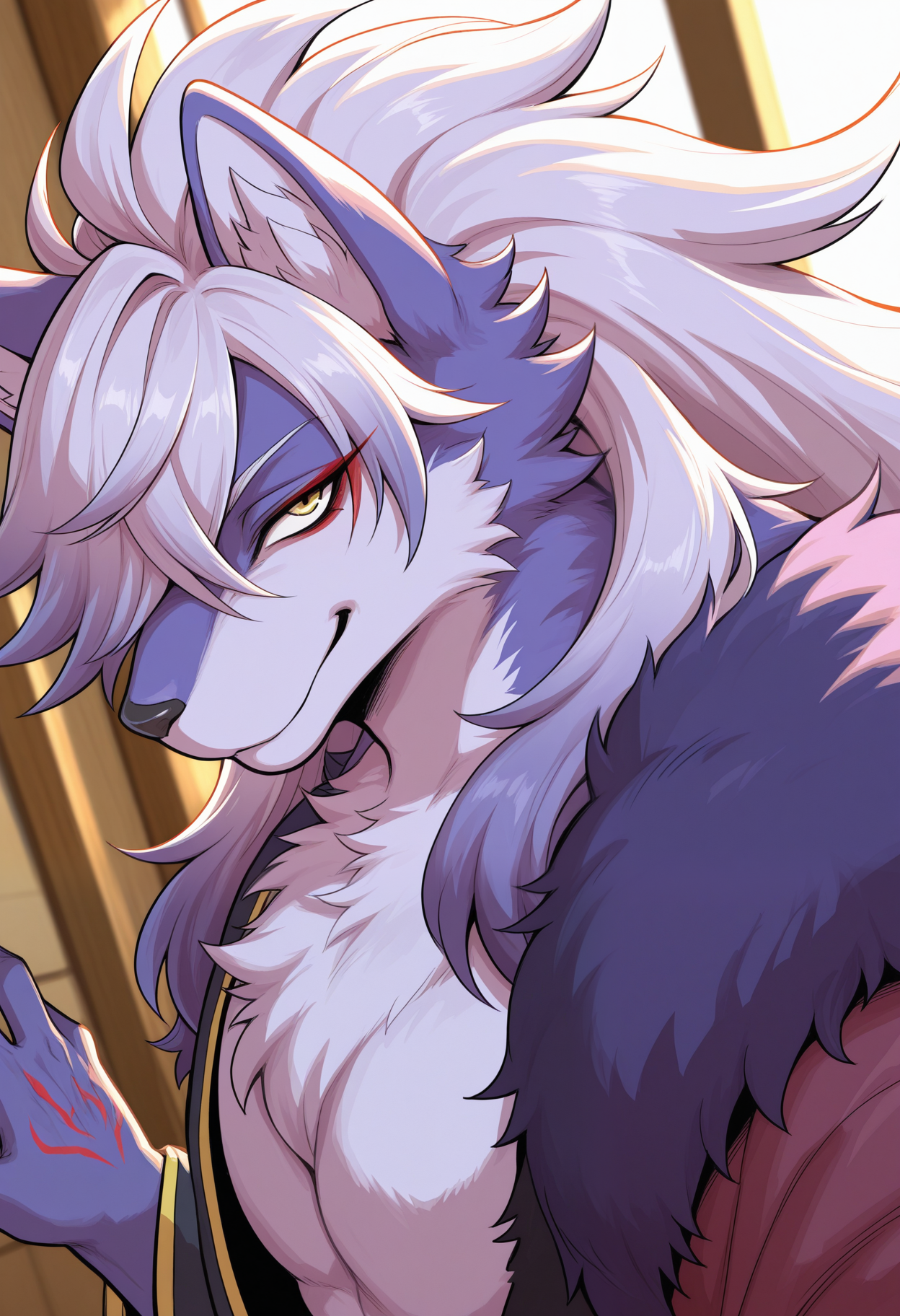 masterpiece,best quality,amazing quality, 1boy, solo, f0lg0, furry, purple fur, yellow eyes, long hair, hair over one eye, open kimono, fur-trimmed coat, close up, side angle, looking at viewer, cocky,