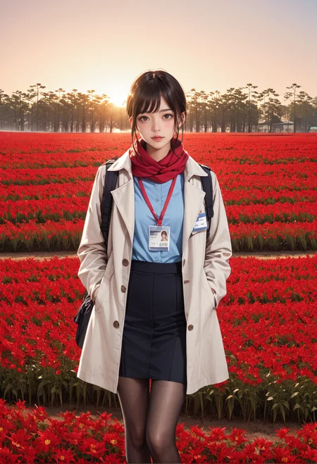 ,ruanyi0956,flower field,outdoors,sunset,,ruanyi0904,black skirt,blue shirt,coat,red scarf,red lanyard,ID card,black pantyhose,<lora:0956 Red flowers everywhere_v1_pony:0.8>,<lora:0904 Douki Chan clothing_v1_pony:0.7>, score_9,score_8_up,score_7_up,,8k,1girl,solo,,