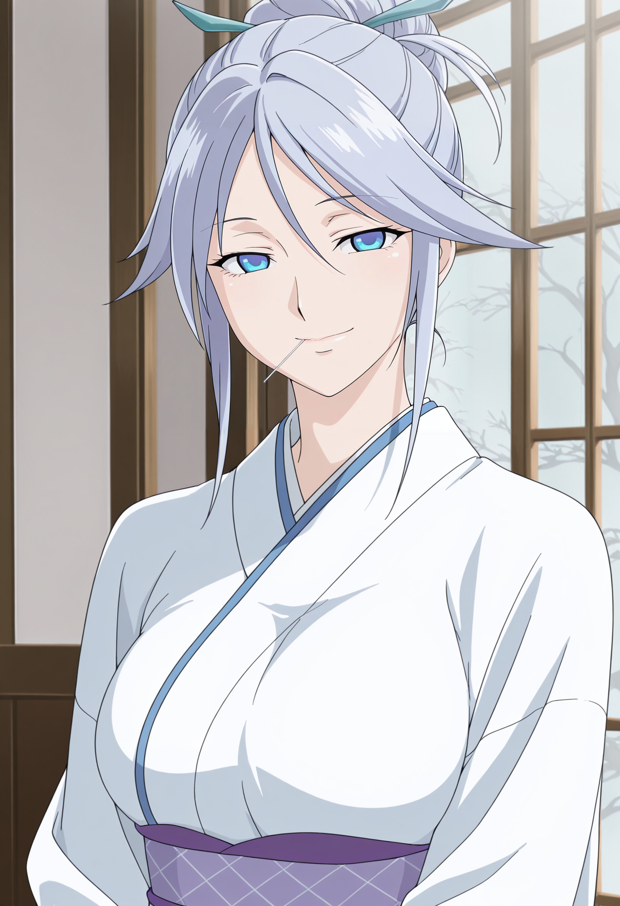 1girl,solo,mm,mature female,blue eyes,grey hair,hair up,hair bun,hair ornament,large breasts,anime coloring,
white kimono,sash,obi,lollipop,mouth hold,upper body, looking at viewer, smile,indoors
,masterpiece,best quality,amazing quality,<lora:Tsurara_Shirayuki-RosarioVampire:0.8>