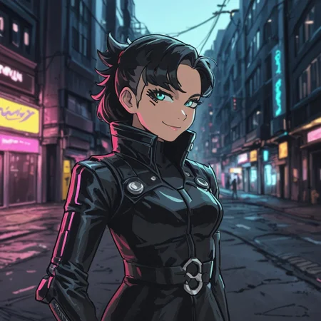 In a cyberpunk,town,shnywrld,outside,smiling,Marnie_(Pokemon), wearing a cyberpunk outfit,showing a robot arm on the right beautiful, high-quality,