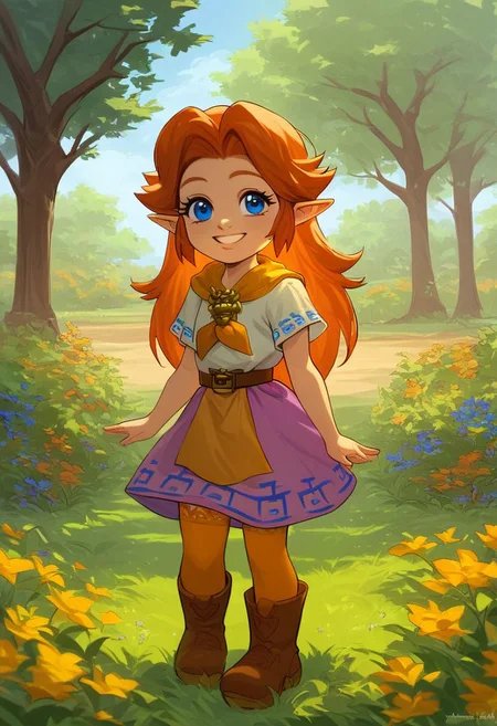 (((score_9, score_8_up, score_8, solo, female, malon, short sleeves, boots, belt, malon dress, purple skirt, brown belt, yellow neckerchief, orange long stockings, female, cute, cub, young cub, young))), (((eye lashes, brown hair, blue eyes))), (masterpiece, best quality, hires, high resolution:1.2), rating_safe, detailed background, (((garden, tree, outdoors, grass, orange long stockings))), (((smile, suggestive, looking at viewer))) (((laying on grass, side, orange long stockings})), (((female, solo))),