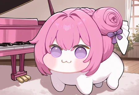 masterpiece, best quality, absurdres, highres, newest, <lora:grandpiano-concept-richy-v1_ixl:1> grand piano, <lora:doro_xypher_ixl_v1:1> doro, :3, chibi, no pupils, solid circle eyes, full body, white skin, all fours, dorothy \(nikke\), pink hair, purple eyes, single side bun, hair bow, purple ribbon, indoors, fantasy, solo, creature