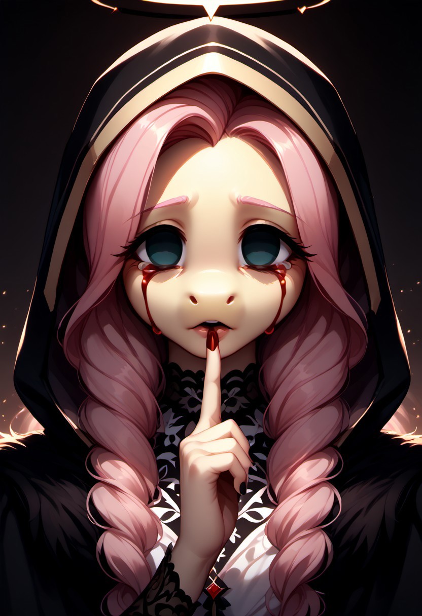 core_9, score_8_up, score_7_up, score_6_up, zPDXL3, (fluffy:1.2), (good_hands:1.3), (Fluttershy:1.3), (anthro:1.3), (pony:1.3), (wings:1.2), (black halo:1.2), GlowingHalo, (empty eyes:1.8), (bloody tears:1.4), close-up of face, (disheveled hair:1.2), Shuffling, (finger to mouth:1.2), (index finger raised:1.2), (character in dark monk's robes with intricate lace details, gothic design, flowing fabrics, heavy textures:1.9), (hood partially covering head, elaborate folds, deep shadows, intricate textures:2.0), (small nose:1.2), dark atmosphere, gothic, mysterious, cinematic lighting, (low-key lighting:1.3), (intricate details:1.3), (ultra-detailed face with balanced shadows and highlights:1.5), (smooth skin texture:1.2), (volumetric lighting:1.2), (subsurface scattering:1.2), (Unreal Engine 5:1.2), (sharp focus:1.3), (dynamic lighting:1.3), (micro-shadows:1.3), (dark tonal harmony:1.4), (subtle lighting gradients:1.3)