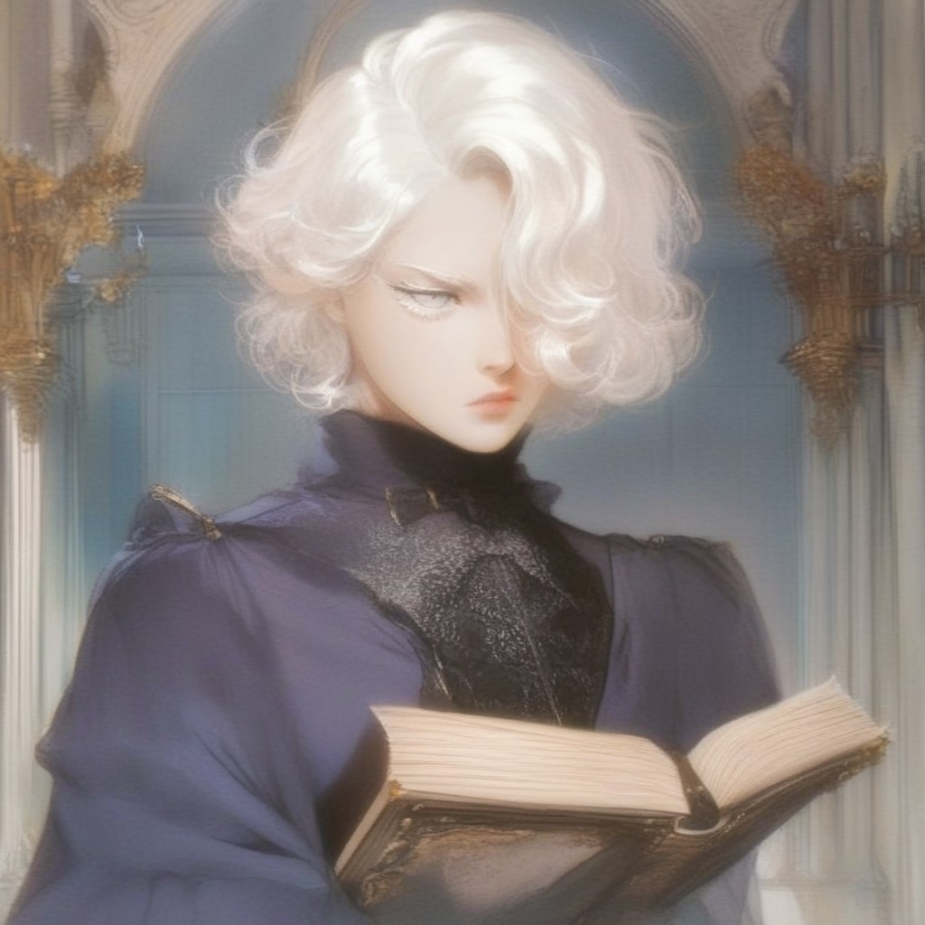(score_9, score_8_up, score_7_up), source_anime, anime, ((pale skin:1.4)), white hair, ((purple robe)), gray eyes, girl, hands behind back, ((relaxed face:1.2)), short hair, hair covering his right eye, black matte background, sits on the chair, counselor, rich furnishings, portrait, noble clothes, white eyelashes, hands in black gloves, holding a book, posing.