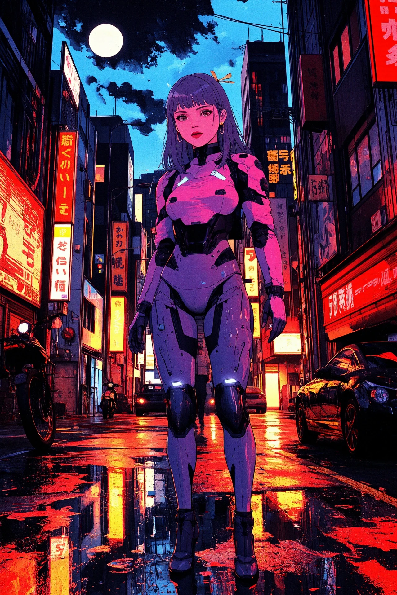 Lithuanian straight hair gray hair (young woman), anime, illustration, cyberpunk, futuristic, (extremely detailed), (portrait), (standing:1.3), (happy smile), (beautiful cyberpunk tokyo buildings landscape), wet floor, windows, motorbike, car, moon in the sky, (bright neon lights), screen holograms, kanjis, raytracing, hdr, high contrast, ethereal cinematic lights, backlight, reflections, (legs), heels, (sharp focus), luminous Bubblegum Pink robot glossy brilliant armor, body lights, body circuits, glossy lipstick, necklace, rope earrings, colorful, retrowave, shadows, vibrant colors, pretty, beautiful, feminine, sexy, lovely, in love, adorable, fashion,  <lora:Hand v2:1> <lora:Anti-Blur:1> <lora:RetroAnimeFluxV1:0.4> <lora:CPA:0.8> <lora:Luminous_Shadowscape:0.4>