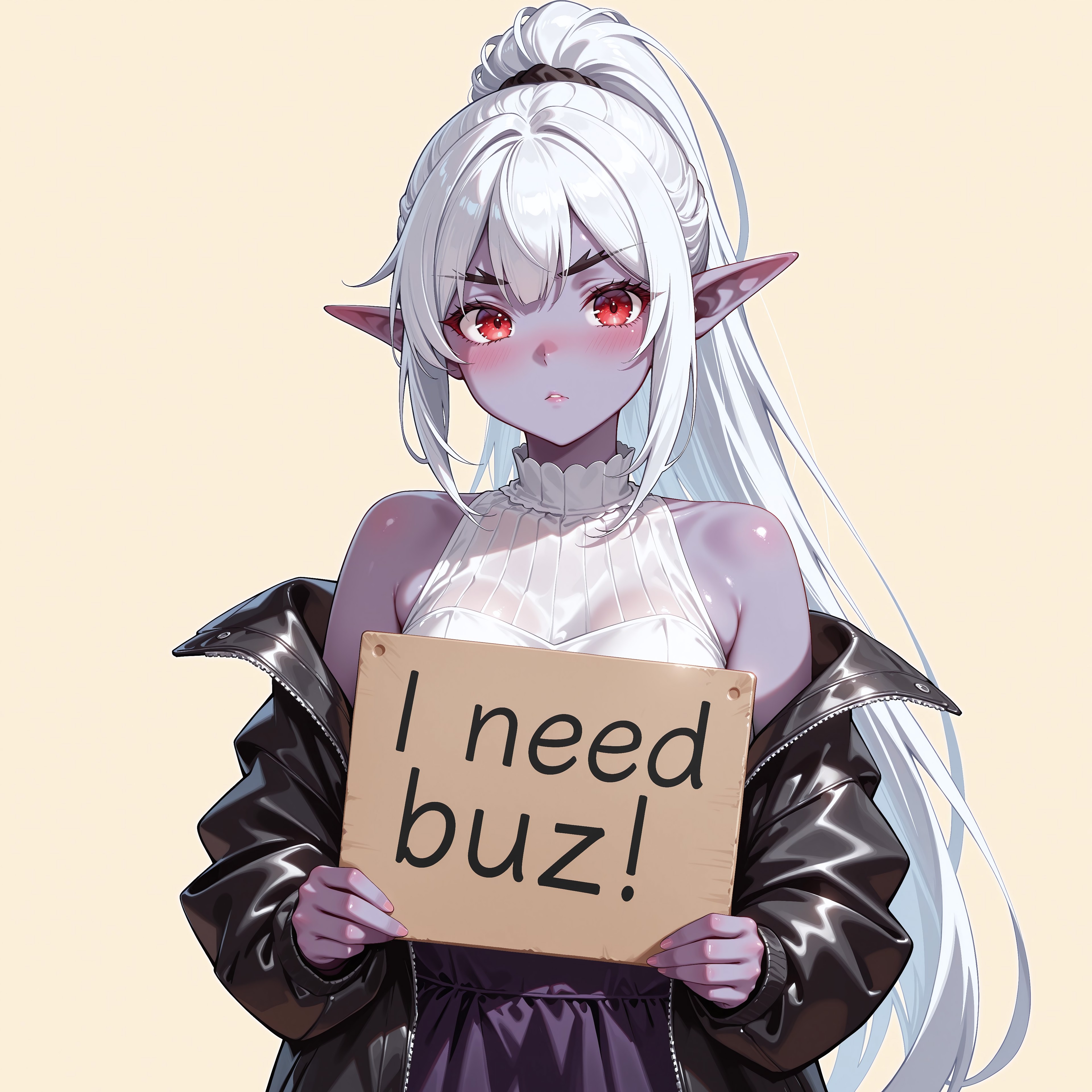 score_9, score_8_up, score_7_up, score_6_up, anime, beautiful, stunning, masterpiece, best quality, amazing quality,

need_buzz, holding sign, need_buzz


minthara, white hair, dark elf, red eyes, purple skin


1girl, solo, looking at viewer, very long hair, sidelocks, ponytail, jacket, bare shoulders, off shoulder, high ponytail, forked eyebrows, simple background, dress, black jacket, sleeveless, 

































