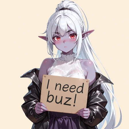 score_9, score_8_up, score_7_up, score_6_up, anime, beautiful, stunning, masterpiece, best quality, amazing quality,

need_buzz, holding sign, need_buzz


minthara, white hair, dark elf, red eyes, purple skin


1girl, solo, looking at viewer, very long hair, sidelocks, ponytail, jacket, bare shoulders, off shoulder, high ponytail, forked eyebrows, simple background, dress, black jacket, sleeveless, 

































