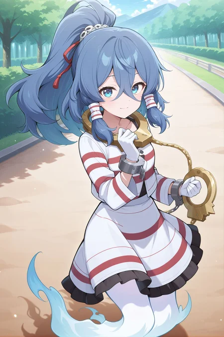 absurdres, highres, masterpiece, best quality, amazing quality, official anime artwork, screencap, anime screencap, outdoors, looking at viewer, light smile, dynamic pose, standing,
<lora:Mizuchi-Miyadeguchi_Illustrious:1> miyadeguchi mizuchi, 1girl, solo, blue eyes, blue hair, long hair, hair tubes, ponytail, ghost tail,, skull hair ornament, white gloves, white shirt, long sleeves, striped shirt, striped skirt, chain, cuffs, shackles, gold handcuffs, red ribbon,