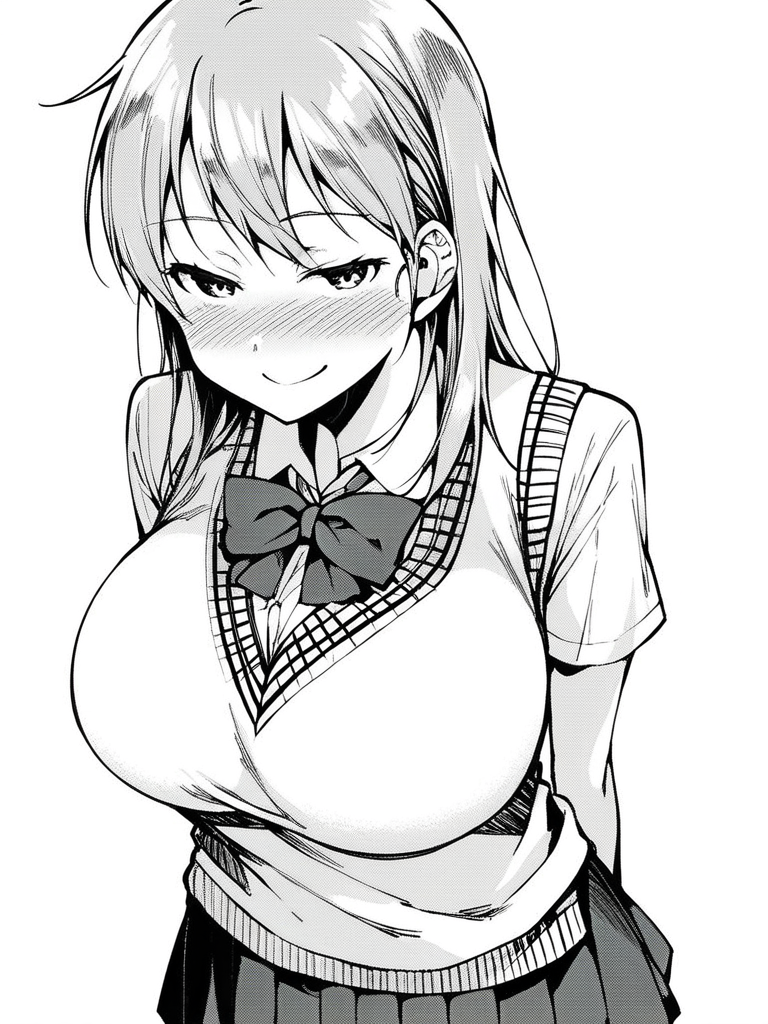 score_9, score_8_up, score_7_up,  
1girl, monochrome, azuki ke, grey hair, long hair, huge breasts,

standing, nose blush, smile, narrowed eyes, looking at viewer, arms behind back, white background,
school uniform, sweater vest, bowtie, white shirt, short sleeves, pleated skirt, collar, 

