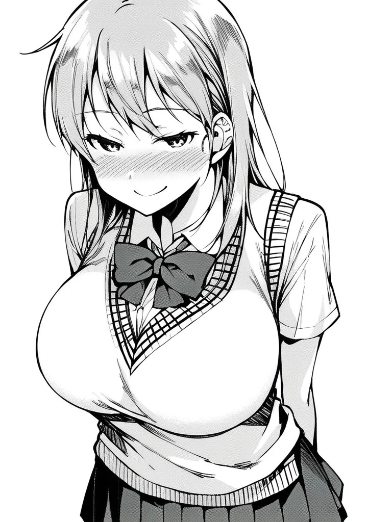 score_9, score_8_up, score_7_up,
1girl, monochrome, azuki ke, grey hair, long hair, huge breasts,
standing, nose blush, smile, narrowed eyes, looking at viewer, arms behind back, white background,
school uniform, sweater vest, bowtie, white shirt, short sleeves, pleated skirt, collar,