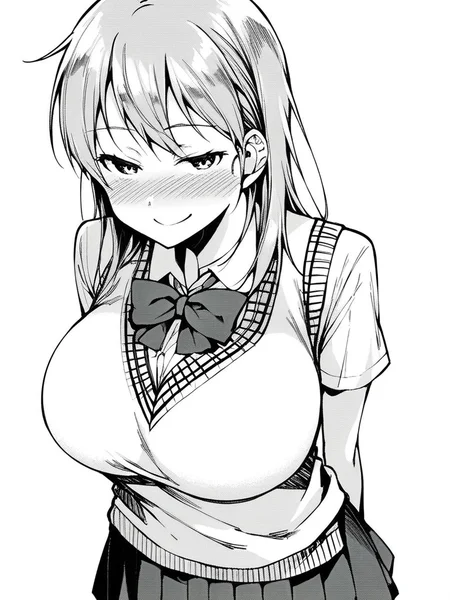 score_9, score_8_up, score_7_up,
1girl, monochrome, azuki ke, grey hair, long hair, huge breasts,
standing, nose blush, smile, narrowed eyes, looking at viewer, arms behind back, white background,
school uniform, sweater vest, bowtie, white shirt, short sleeves, pleated skirt, collar,