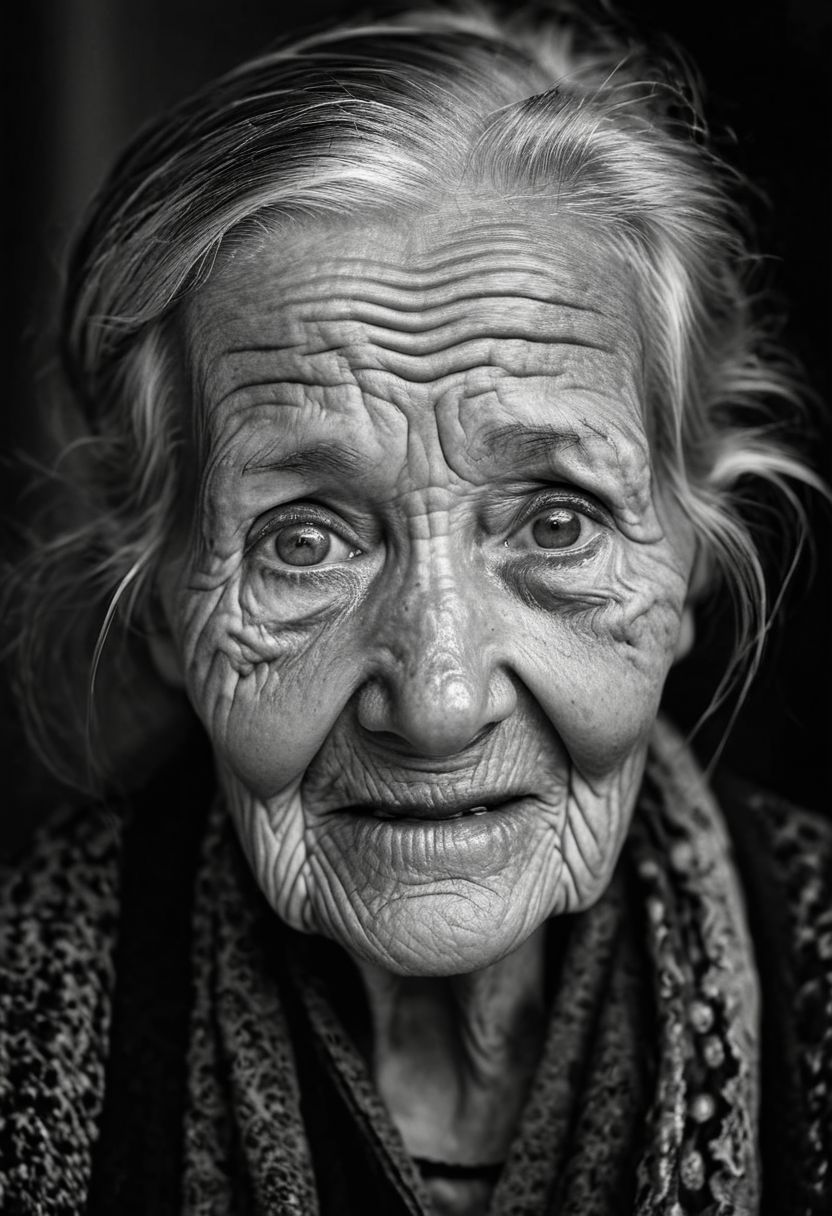 A striking black-and-white close-up of an elderly woman, her weathered face and bright eyes telling stories of a life well-lived, with soft, diffused lighting emphasizing the textures and contrasts. Photographed with a Nikon Z7 II and a NIKKOR Z 50mm f/1.8 S lens.