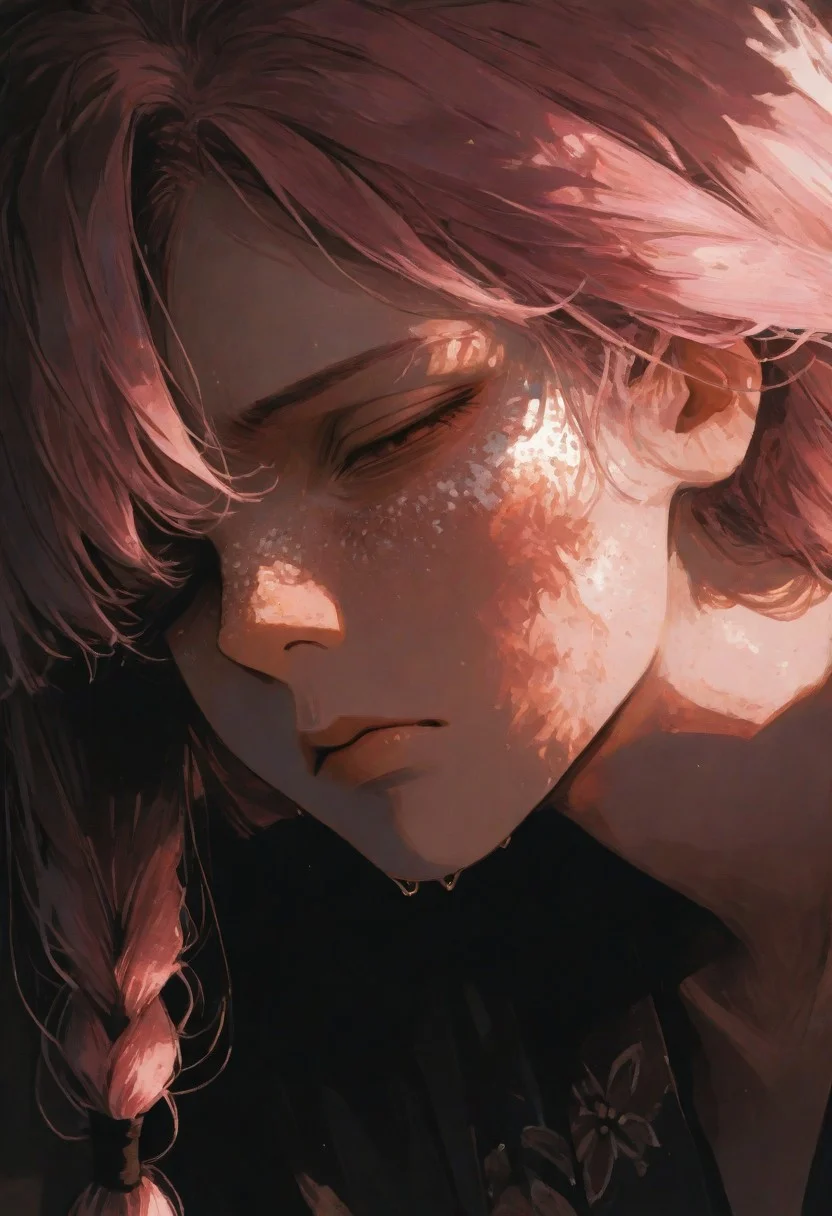 masterpiece,best quality,amazing quality,very aesthetic,newest,ultra detail, (score_9,score_8_up,score_7_up,score_6_up),hyper-detailed,ultra HD,cinematic lighting,(maeve:2.0),(looking at viewer:1.5),(pink hair:1.5,long braids:1.2),(deep emotional connection:1.4),(detailed facial features:1.4),(yellow eye:1.5,glowing eye:1.5,Cat pupil:2.0,Detailed eye),(white freckles,glowing freckles:2.0),small breasts,(bare shoulder:1.5),(Hanging breasts),(black kimono:1.5,kimono open,cleavage),(Tired expression:2.0),(dark circles under the eyes:1.0),(Sleeping face:1.5),(deeply distressed:1.5),reflective skin,shiny skin,wet skin,oiled skin,(wet clothes:1.5,wet kimono:1.5,skin-tight clothing),(squinting eye:1.5),tabi,Calf,plump lips,(Sitting:1.5),side locks,makeup,floral print,(extreme close-up of face:2.5),(three-quarter view),(head tilted back),(chin raised),(one eye covered by hair),(depth of field),(face focus:2.0),(soft blur in background),(asymmetrical bangs),(dramatic lighting), <lora:illustrious_all_rated_v1:0.5><lora:ppw_v7_noobE11_6_r2_0.05:0.6><lora:nhl-001:0.6> nhl-001,limited palette,realistic,BREAK
Japanese house, Moody lighting,<lora:wasabi_natsume_style_r1:0.8> wasabi_natsume_illu,abstract, surreal,<lora:748cm_illu:0.4> 7481llu