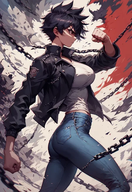 score_9, score_8_up, score_7_up, monochromatic ink, 1girl, determined, tomboy, black jacket, tight jeans, chain, fighting pose, dynamic background, slim, thin, large breasts, masterpiece, detailed face