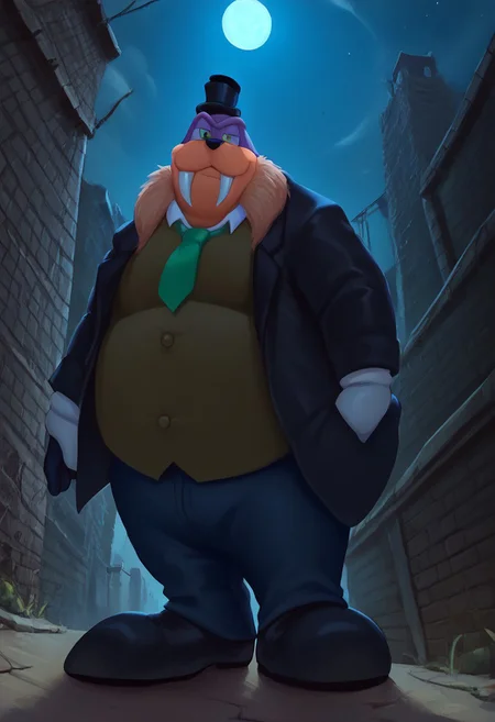 score_9, score_8_up, score_7_up, furry male, Rotor the walrus as mr walrus, <lora:MrWalrus_PXL_Leaf1:1>, green eyes, fangs, furry,  furry anthro, alley, dutch angle, posing, from below, clothed, (((dutch angle, posing, from below))), walrus, fat, overweight, walrus tusks, squinting eyes, smile, solo, 1boy, male focus, <lora:pony_monocles-step00000800:1>,(monocle),round eyewear, top hat,, suit, gloves, furry male, mustache, necktie, a robber-baron wearing a monocle on a chain on his left eye, top hat, white shirt, black vest from 1900 holding a pocketwatch, standing
BREAK
city, ruins, back alley, outside, night, moon, stars, ambient light,