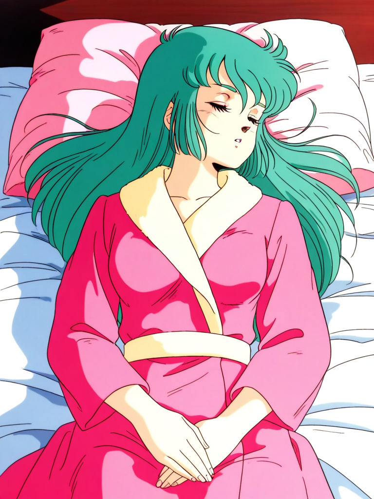 general,highres, ultra-detailed,very aesthetic,best quality ,best hands, BREAK <lora:Ciela_Lapana_gown_IS:0.8>
Ciela_Lapana(gown), 1girl, solo,  long hair, green hair, bangs, medium breasts,
pink gown, robe,
1980s (style), anime coloring,
sleeping, closed eyes, lying, parted lips, v arms,
bed,