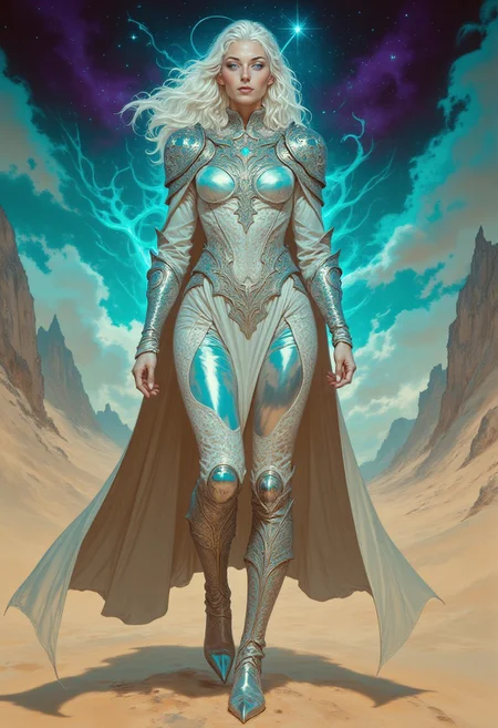 A hyper-detailed manhwa-style portrait of a striking woman warrior standing in a vast, open landscape. Her long, flowing silver hair catches the wind, reflecting light in shimmering waves. Her piercing ice-blue eyes radiate confidence, framed by sharp, metallic eyeliner. Her lips are a deep, glossy black, contrasting with her platinum-toned skin. She wears an intricately designed full-body suit crafted from chrome, silver, and platinum, with elaborate engravings that shimmer under the sunlight. The material is highly reflective, creating a mirror sheen effect that catches every ray of light. The suit’s sculpted pauldrons and gauntlets feature swirling, embossed patterns resembling celestial constellations. A flowing, translucent silver cape billows behind her, reflecting light in cascading hues. Her armored boots, with pointed metallic accents, gleam as she stands poised and battle-ready. The background consists of a rolling desert landscape bathed in a surreal, iridescent glow, with waves of vibrant toxic colors subtly emerging from the horizon. The sky is a gradient of deep violet and glowing emerald, shifting dynamically as if alive. Soft but directional lighting highlights the glossy textures of her attire, emphasizing the intricate details. The entire scene blends surrealism with hyper-realistic precision, capturing an otherworldly fusion of elegance and power.