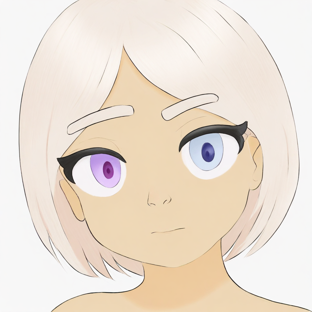 straight hair, straight eyelashes, short hair, female, blue eyes, light orange skinned female, purple eyes, heterochromia, thick eyebrows, medium face style,