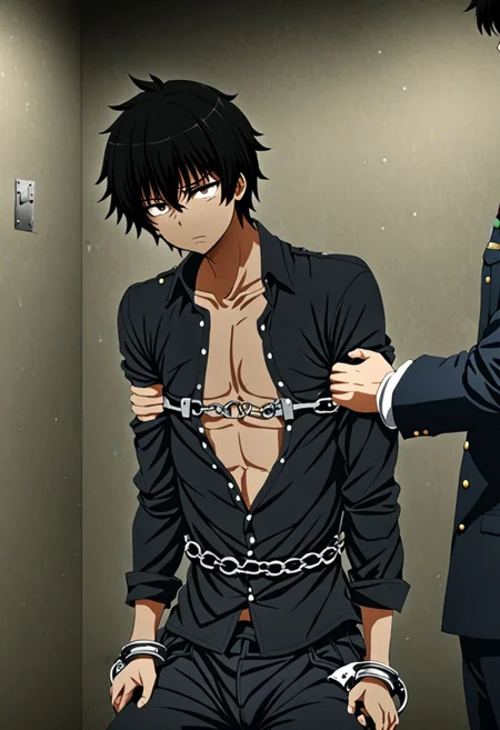 high resolution, solo, best quality, 1Boy, Seiya Kanie, black hair, short hair, thin, arrested, restrained, struggling, handcuffs, interrogated, interrogation room, OverallDetail