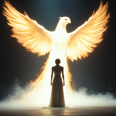 ArsMovieStill, 80s Fantasy Movie Still, The image shows a person standing in front of a large white bird with its wings spread wide. The bird appears to be a phoenix with its head turned towards the right side of the image. The wings are glowing yellow and orange and the body of the bird is a pale white color. The person is wearing a long flowing dress and is standing on a stage with a dark background. The stage is lit with a spotlight creating a dramatic and powerful atmosphere. The image is taken from a low angle looking up at the bird and the person., wings, 1boy, standing, from behind, glowing, male focus, facing away, short hair, solo, spread wings