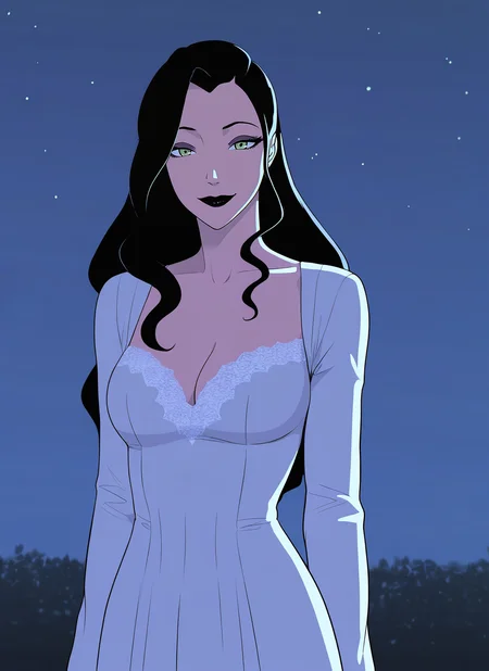 masterpiece, best quality, newest, absurdres, highres, 1girl, asami sato, green eyes, black hair, wavy hair, makeup, violet eyeshade, black lipstick, smile, long white dress, night, detailed, <lora:Anaxus-style-Illustrous:1.0>