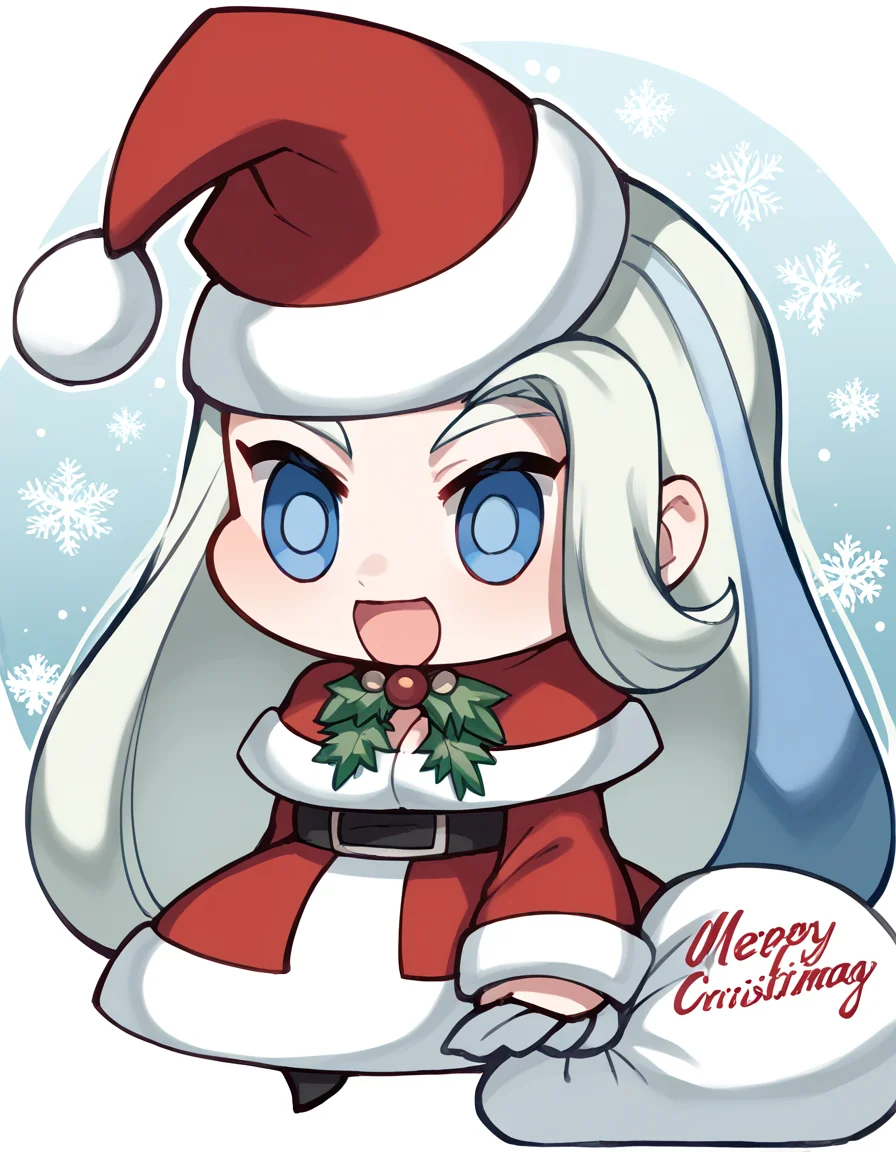 score_9, score_8_up, score_7_up, source_anime, <lora:pokemon-melony-ponyxl-lora-nochekaiser:1> pokemonmelony, blue eyes, eyelashes, long hair, multicolored hair, streaked hair, grey hair, large breasts, <lora:padoru-ponyxl-lora-nochekaiser:1>, padoru, padoru (meme), holding sack, sack, santa hat, meme, christmas, open mouth, chibi, red capelet, santa dress, capelet, fur-trimmed headwear,, ,