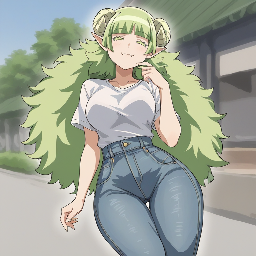 score_9, score_8_up, score_7_up, score_6_up, score_5_up, score_4_up, zPDXL2,source_anime,rating_questionable,  1girl,  casual, high waist jeans, wide hips, tee shirt, <lora:Mrs.Valac:0.8> Ms.Valac_IrumaKun,  blunt bangs, green hair,long hair,  demon girl, demon horns, curled horns, pointy ears,
