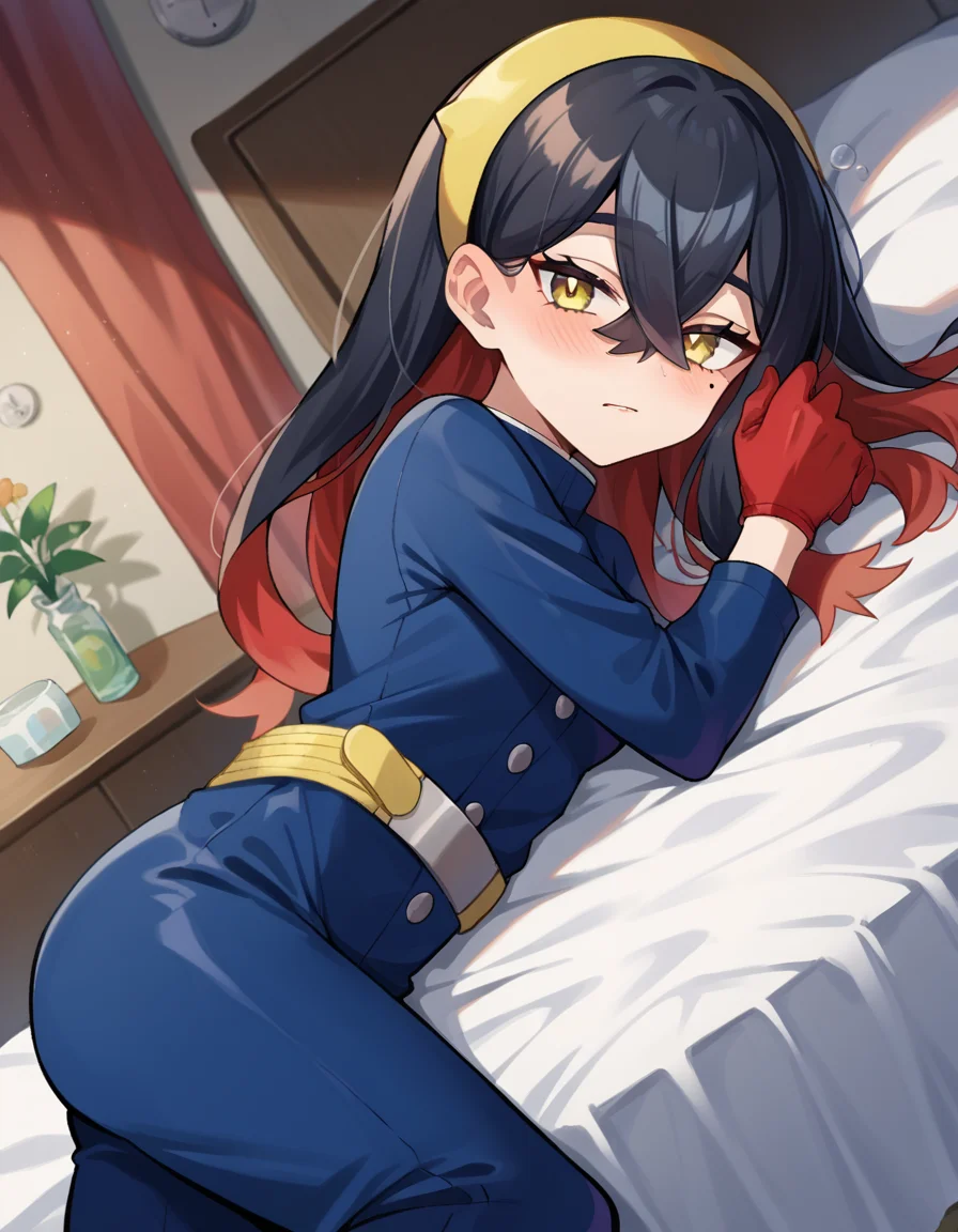 score_9, score_8_up, score_7_up, source_anime,
pokemoncarmine, <lora:pokemon-carmine-ponyxl-lora-nochekaiser:1>
pokemoncarmine, black hair, colored inner hair, crossed bangs, hair between eyes, hairband, long hair, mole, mole under eye, multicolored hair, red hair, sidelocks, two-tone hair, yellow eyes, yellow hairband,
buttons, long sleeves, jacket, gloves, red gloves, pants, belt, blue pants, blue jacket,
indoors, bed, bed room, on side, blush, drunk,
looking at viewer, cowboy shot, dutch angle,