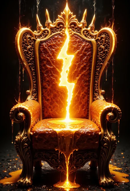 A golden throne made of honey comb, inside of each comb is a glowing gold lightning symbol, dripping golden honey drops, dripping liquid gold, golden reflections, intricate details // detailed digital hyper realistic intricate details, HDR, beautifully shot, hyper realistic, sharp focus, 64 megapixels, perfect composition, high contrast, cinematic, atmospheric, moody