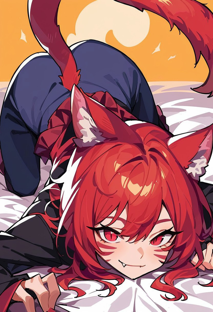 score_9, score_8_up, score_7_up, source_anime, hi res, masterpiece, best quality, highres, 1girl, animal ears, cat tail, cat ears, red hair, red eyes, looking at viewer, cat girl, ass, smile, facial mark, fang, slit pupils, animal ear fluff, top-down bottom-up, lying