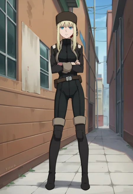 score_9,score_8_up,score_7_up,score_6_up,score_5_up,score_4_up,anime coloring BREAK source_anime,anime,<lora:Tanya_Akulova_Darker_than_Black_Pony:0.7>,tanyadtb,1girl,solo,blue eyes,blonde hair,ponytail,sidelocks,ushanka,bodysuit,cropped jacket,belt pouch,thigh boots,expressionless,standing,crossed_arms,city alley,looking_at_viewer,