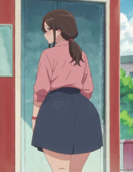 score_9, score_8_up, score_7_up, anime screencap,1girl, solo, glasses, brown hair, shirt, pink shirt, brown eyes, skirt, looking at viewer, long hair, ponytail from behind,huge ass,blush,<lora:kusakaorie:0.8>