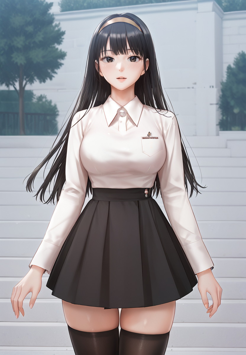 zPDXL3, score_9_up, score_8_up, score_7_up, (Anime_source),Masterpiece,(perfect female body:1.2), small waist,(incredibly detailed:1.4), slim, beautiful fingers, beautiful white skin, Beautiful clear skin, (large breasts:1.4) (thick thighs:1.2), parted lips, looking at viewer, big breasts, <lora:Jenny_Yoo_-_Hyeonjungs_Residence-PONY-Kaleid:0.8> jennyyoo, 1girl, black hair, black eyes, long hair, bangs, shirt, skirt, hairband, black thighhighs, large breasts, (facing viewer:1.6) standing,
